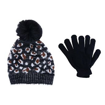Ctm Girl's 7-14 Leopard Print Winter Pom Hat And Glove Set By Connex Gear