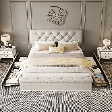 Merax Upholstered Platform Bed With Four Drawers, Antique Curved Headboard