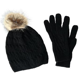 Ctm Women's Knit Beanie Hat With Pom And Matching Gloves Set