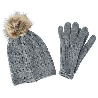 Ctm Women's Knit Beanie Hat With Pom And Matching Gloves Set
