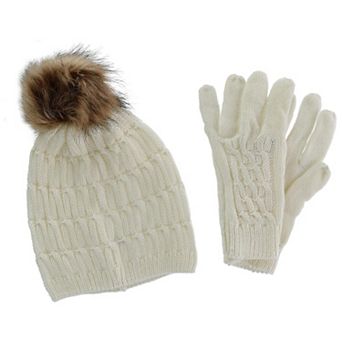 Ctm Women's Knit Beanie Hat With Pom And Matching Gloves Set