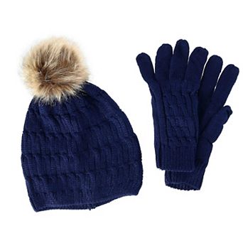 Ctm Women's Knit Beanie Hat With Pom And Matching Gloves Set