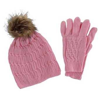 Ctm Women's Knit Beanie Hat With Pom And Matching Gloves Set