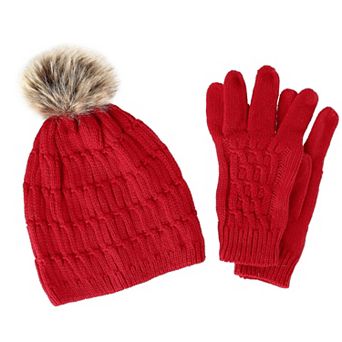 Ctm Women's Knit Beanie Hat With Pom And Matching Gloves Set