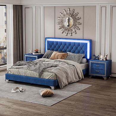 Merax 3-pieces Bedroom Sets，upholstered Platform Bed With Led Lights And Two Nightstands