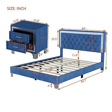 Merax 3-pieces Bedroom Sets，upholstered Platform Bed With Led Lights And Two Nightstands