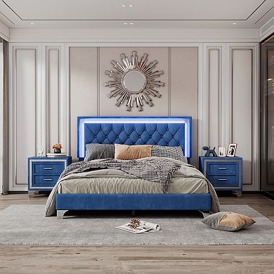 Merax 3-pieces Bedroom Sets，upholstered Platform Bed With Led Lights And Two Nightstands