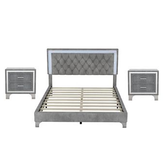 Merax 3 pc Bedroom Sets，upholstered Platform Bed With Led Lights And Two Nightstands