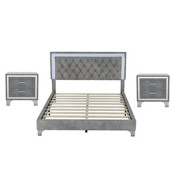 Merax 3 pc Bedroom Sets，upholstered Platform Bed With Led Lights And Two Nightstands