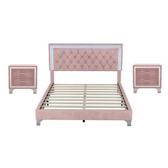 Merax 3 pc Bedroom Sets，upholstered Platform Bed With Led Lights And Two Nightstands