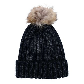 Ctm Women's Metallic Shimmer Winter Knit Lined Beanie With Pom