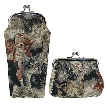 Women's Cat Print Tapestry Glasses Case And Coin Purse Set