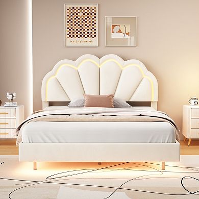 Upholstered Smart Led Bed Frame With Elegant Flowers Headboard
