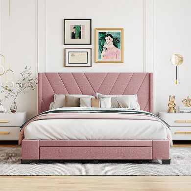 Merax Queen Size Linen Upholstered Platform Bed With 3 Drawers