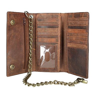 Men's Crazy Horse Leather Rfid Long Trifold Chain Wallet