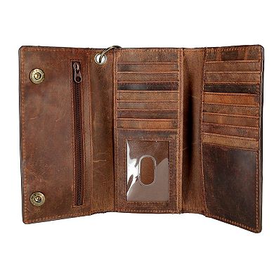 CTM Men's Crazy Horse Leather RFID Long Trifold Chain Wallet