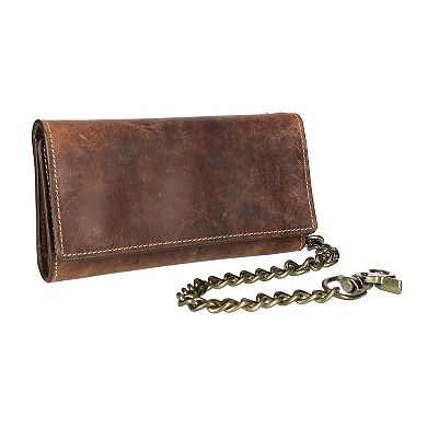 Men's Crazy Horse Leather Rfid Long Trifold Chain Wallet