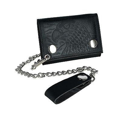 CTM Men's Leather Eagle Imprint Trifold Chain Wallet