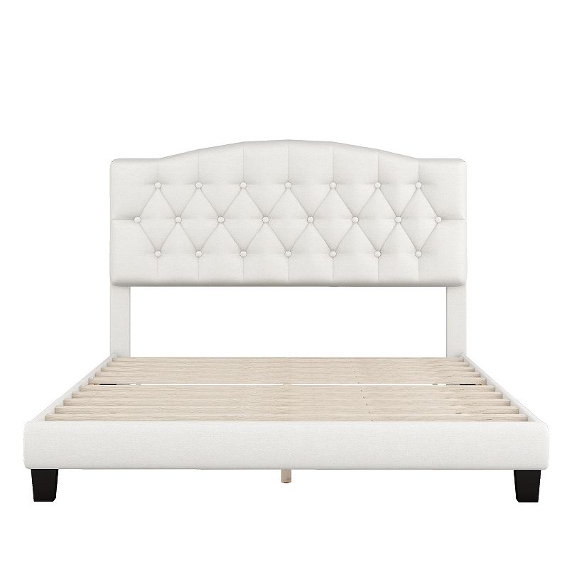White upholstered bed frame with tufted headboard and wooden slat support