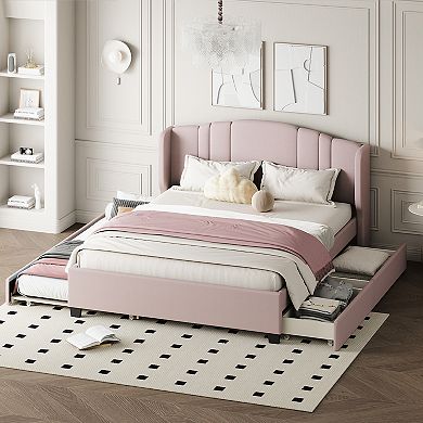 Merax Upholstered Platform Bed With Wingback Headboard