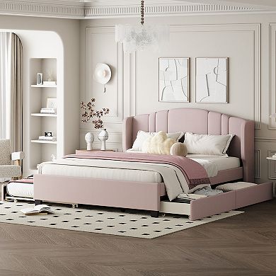 Merax Upholstered Platform Bed With Wingback Headboard