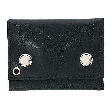 Men's Leather Eagle Print Trifold Double Snap Chain Wallet