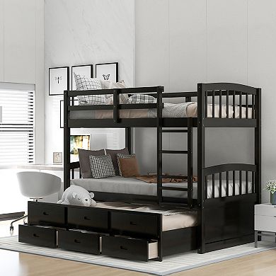 Merax Twin Over Twin Wood Bunk Bed With Trundle And Drawers