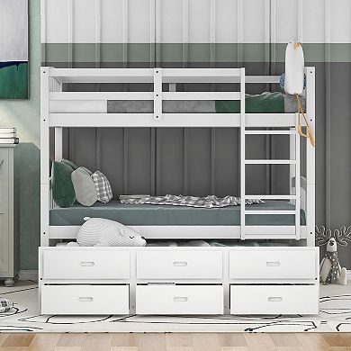 Merax Twin Over Twin Wood Bunk Bed With Trundle And Drawers