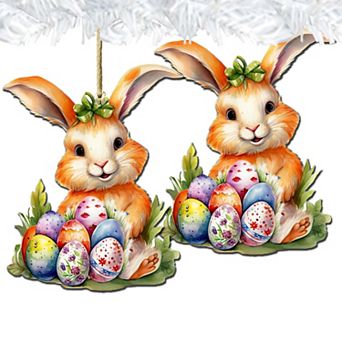 Bunny With Eggs Wooden Ornaments Set Of 2 By G. Debrekht
