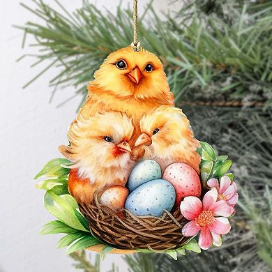Spring Chicks Wooden Ornaments Set Of 2 By G. Debrekht