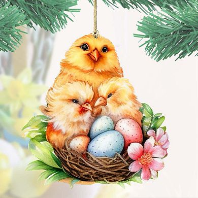 Spring Chicks Wooden Ornaments Set Of 2 By G. Debrekht
