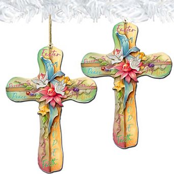 Easter Cross With Doves Wooden Ornaments Set Of 2 By G. Debrekht