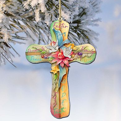 Easter Cross With Doves Wooden Ornaments Set Of 2 By G. Debrekht