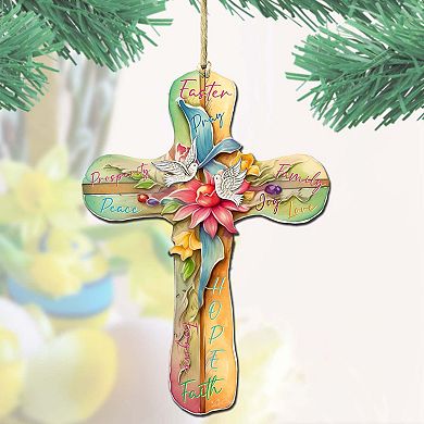 Easter Cross With Doves Wooden Ornaments Set Of 2 By G. Debrekht