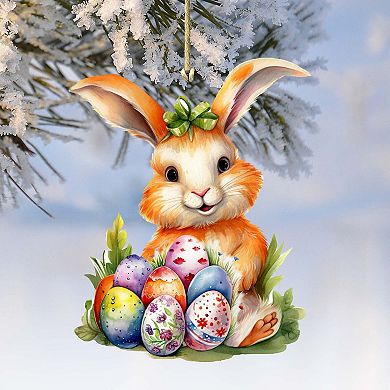 Bunny With Eggs Wooden Ornament By G. Debrekht