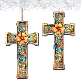 Blossom Cross Wooden Ornaments Set Of 2 By G. Debrekht