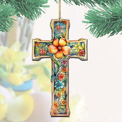 Blossom Cross Wooden Ornaments Set Of 2 By G. Debrekht