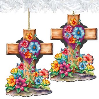 Easter Floral Cross Wooden Ornaments Set Of 2 By G. Debrekht