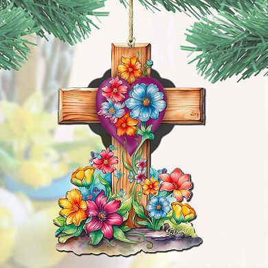 Easter Floral Cross Wooden Ornaments Set Of 2 By G. Debrekht