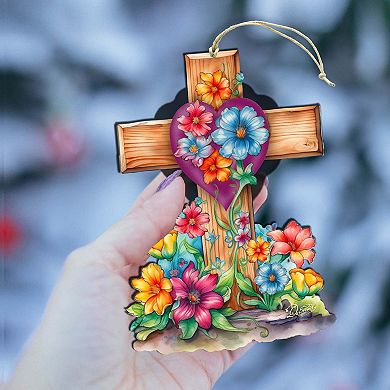 Easter Floral Cross Wooden Ornaments Set Of 2 By G. Debrekht