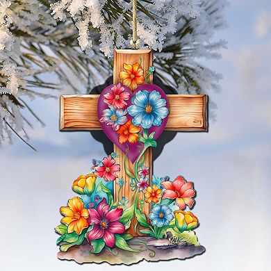Easter Floral Cross Wooden Ornaments Set Of 2 By G. Debrekht