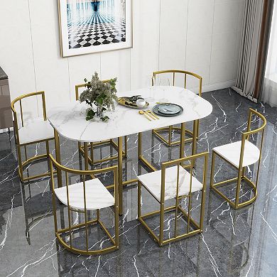 Merax Modern 7-piece Dining Table Set With Faux Marble Compact
