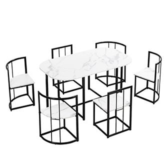 Merax Modern 7 pc Dining Table Set With Faux Marble Compact