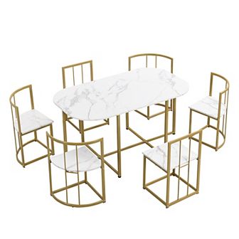 Merax Modern 7 pc Dining Table Set With Faux Marble Compact