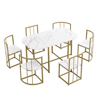 Merax Modern 7 pc Dining Table Set With Faux Marble Compact