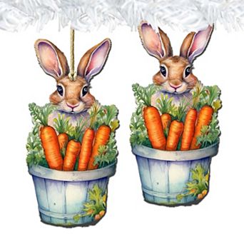 Bunny With Basket Of Carrots Wooden Ornaments Set Of 2 By G. Debrekht