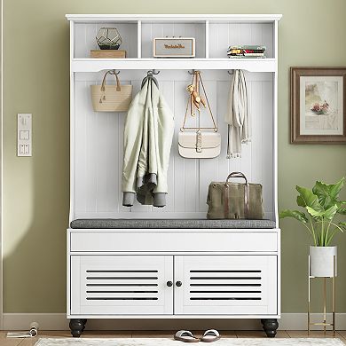 Merax 5-in-1 Entryway Bench With Shutter-shaped Doors, Coat Rack