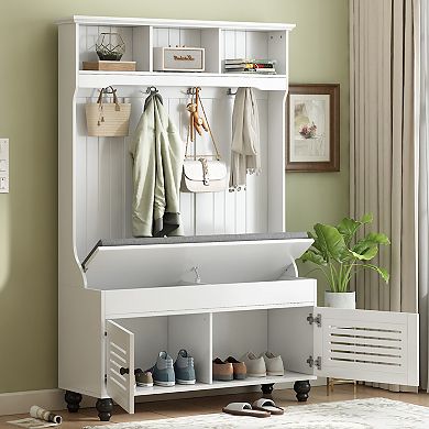 Merax 5-in-1 Entryway Bench With Shutter-shaped Doors, Coat Rack