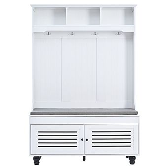 Merax 5-in-1 Entryway Bench With Shutter-shaped Doors, Coat Rack