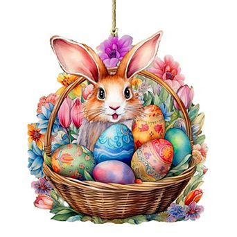 Bunny In A Basket Wooden Ornament By G. Debrekht